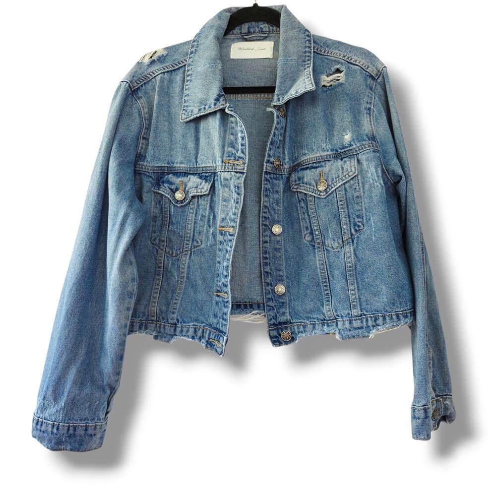 Mustard Seed Women's Jean Jacket Denim, Size M Blue Baggy Crop Distressed - Picture 2 of 9